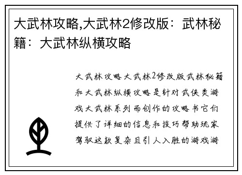 大武林攻略,大武林2修改版：武林秘籍：大武林纵横攻略